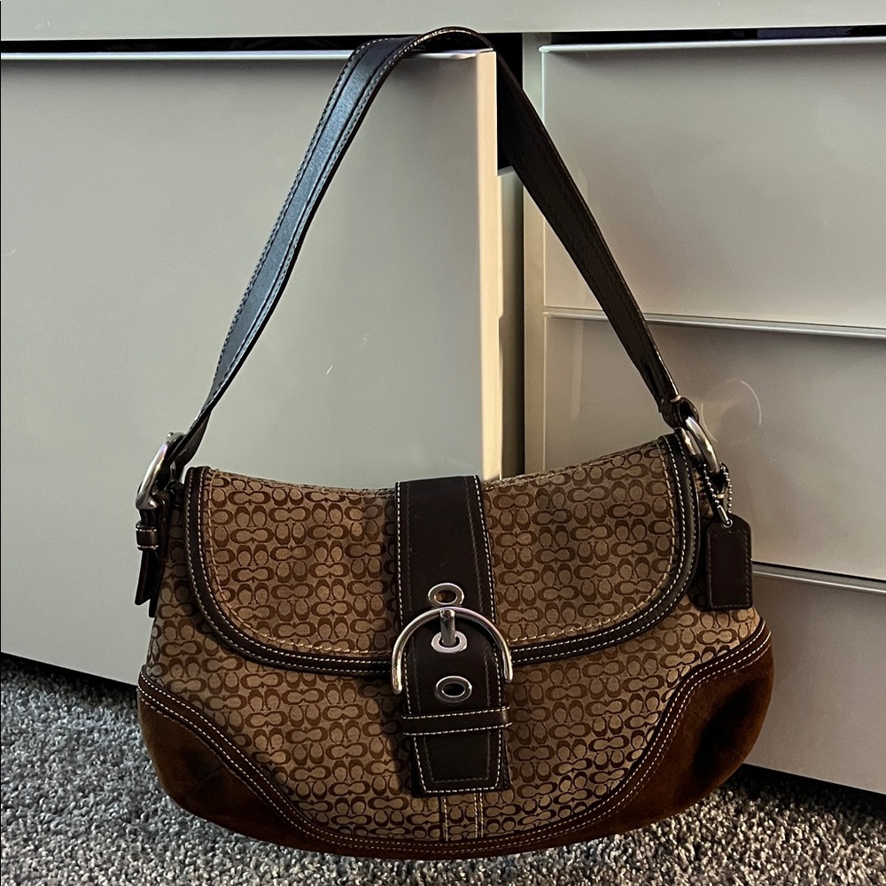 Vintage Brown Coach Suede Monogram SoHo Bag